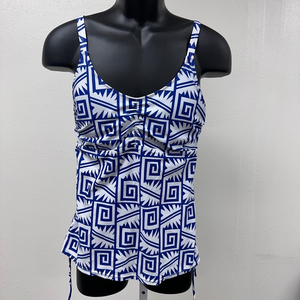 Tankini Swim Beach Top Blue White Geometric Print Swimsuit Top Ruched Size L